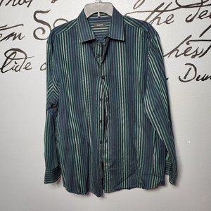 Alfani Blue & Green Striped Men's Long Sleeve Button Up Shirt, XL